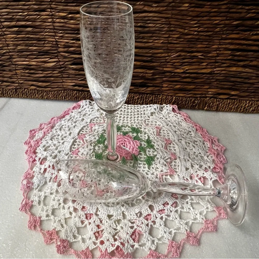 Set of 2 Etched Crystal Champagne Flutes Wedding ; Special Occasion